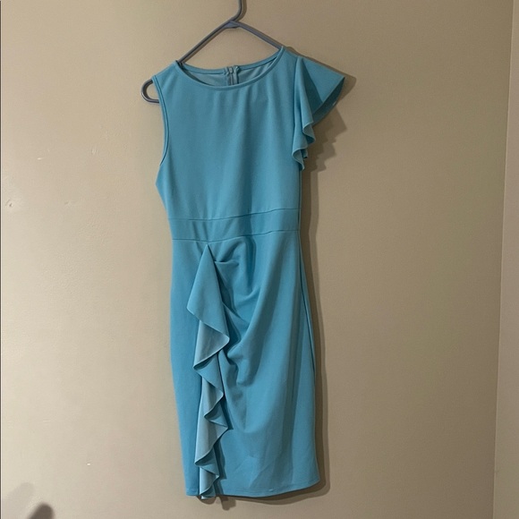 Women’s Sheath Dress Ruffle Front Sleeveless Knee Length Medium Lined Back Zip - Picture 2 of 12